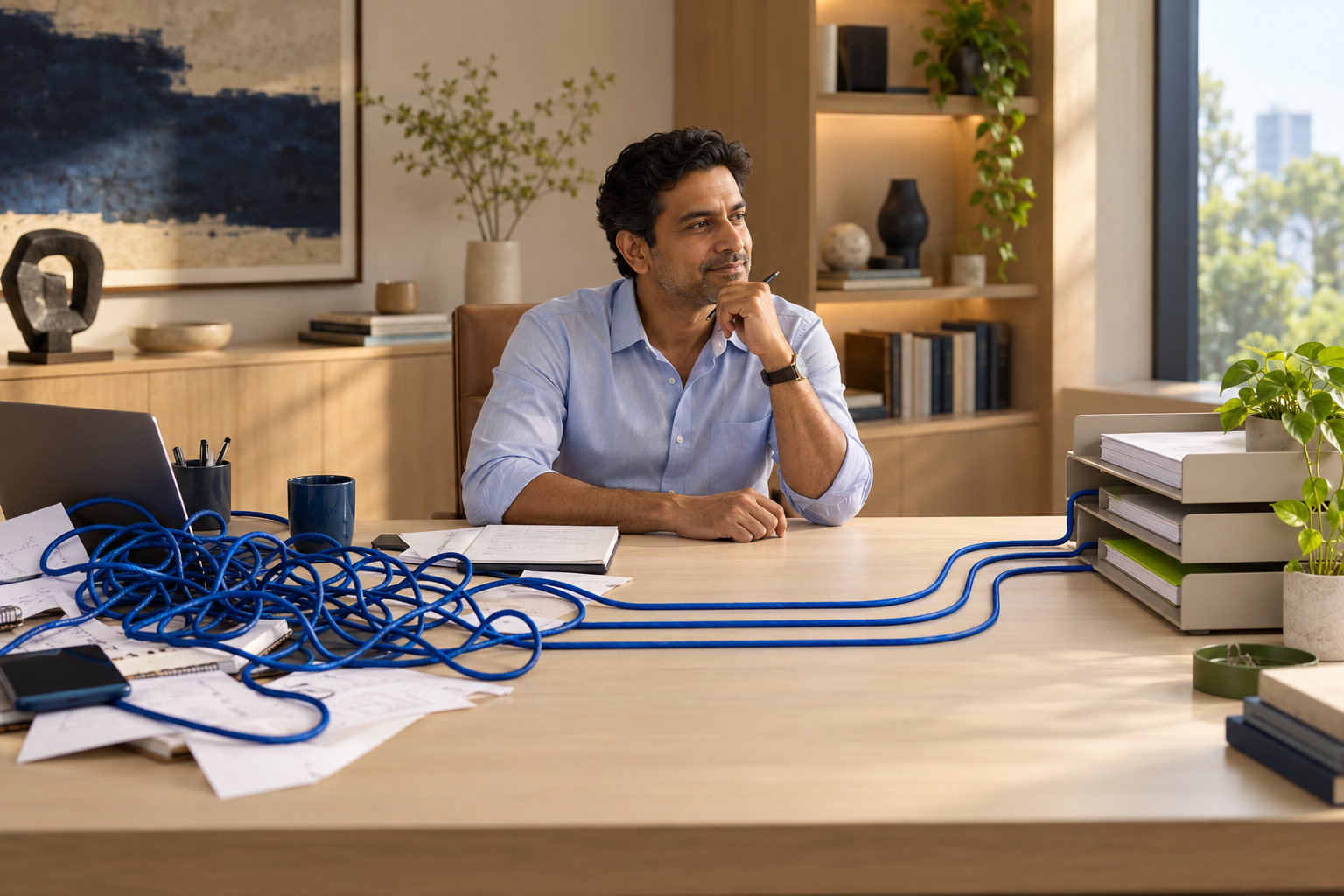 Concept image of an Indian business owner at a desk, with tangled blue cords becoming organised lines leading to document trays.
